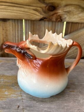 Vintage Austrian Porcelain Ceramic Well Head / Moose Head Creamer Pitcher 12oz